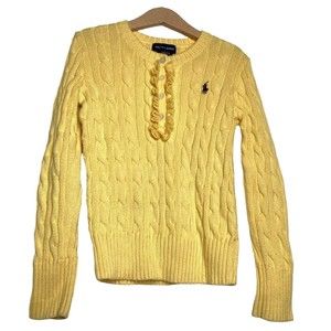 Ralph Lauren Size 7 Yellow Girls Cable Knit Sweater EUC Quarter Button Ruffle S